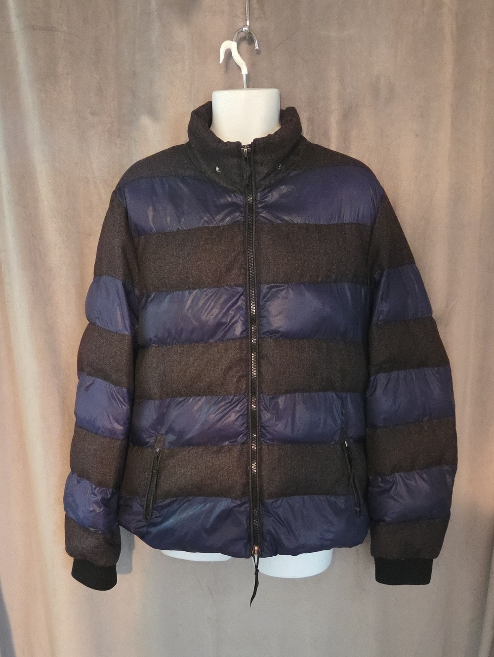Men's Paul Rizk XL Navy and Charcoal Striped Puffer Jacket